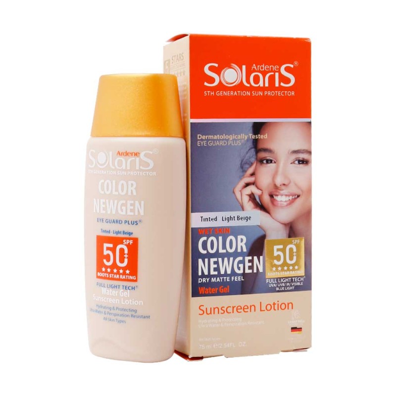 لوسیون آبی ضد آفتاب فاقد چربی spf50 کالر نیوژن سولاریس آردن 75 میلی لیتر رنگ بژ روشن