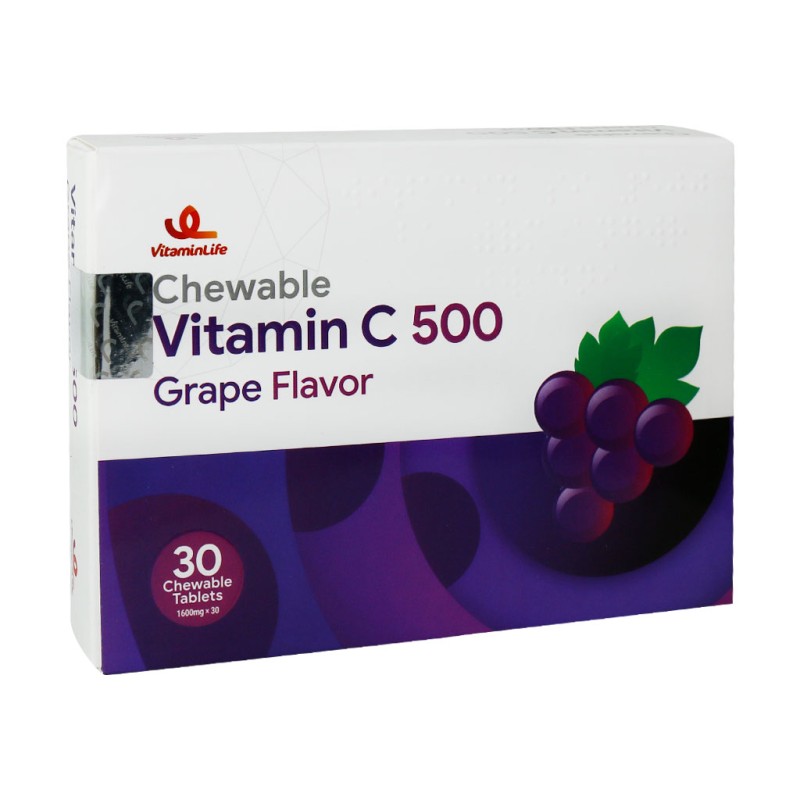 قرص جویدنی ویتامین C 500 میلی گرم ویتامین لایف 30 عدد طعم انگور سیاه