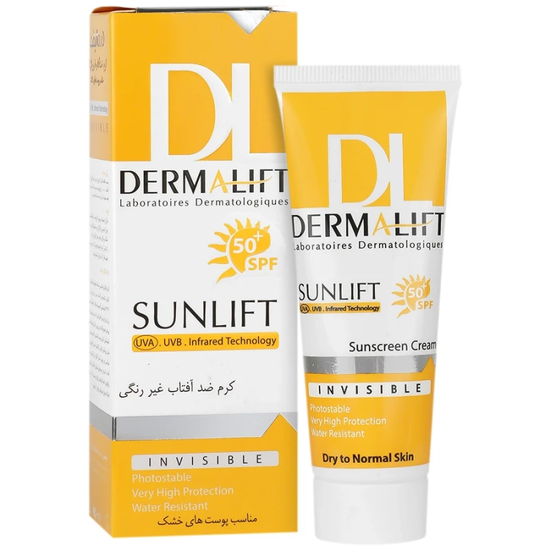 کرم ضد آفتاب SPF50بدون رنگ  پوست خشک و معمولی درمالیفت 40 میلی لیتر